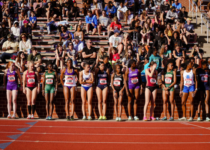 NC State University women runners preparing at the track.