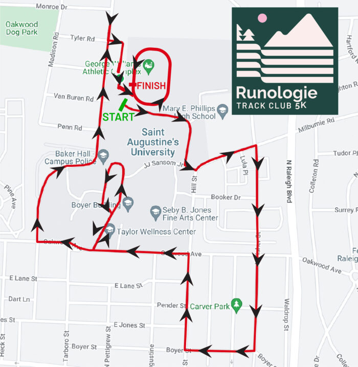 2023 Runologie Track Club 5K course map.
