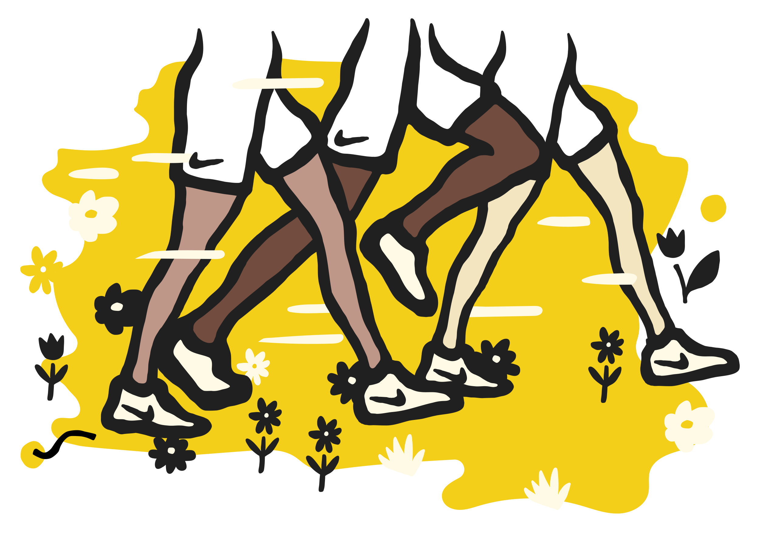 Black, white and yellow illustration of walkers and runners